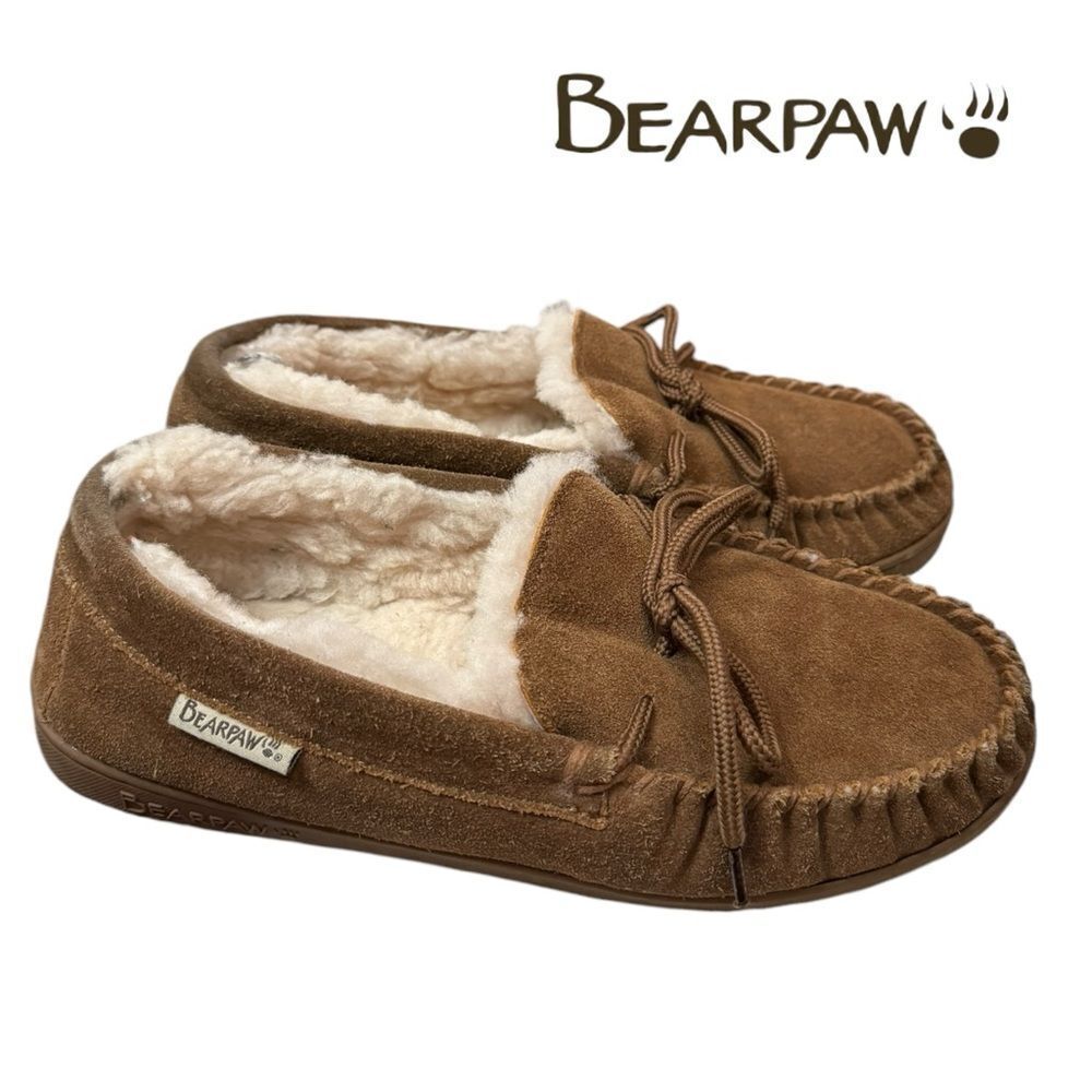 Bearpaw Moc II Men's Suede Hickory Tan Sheepskin Slippers 10
